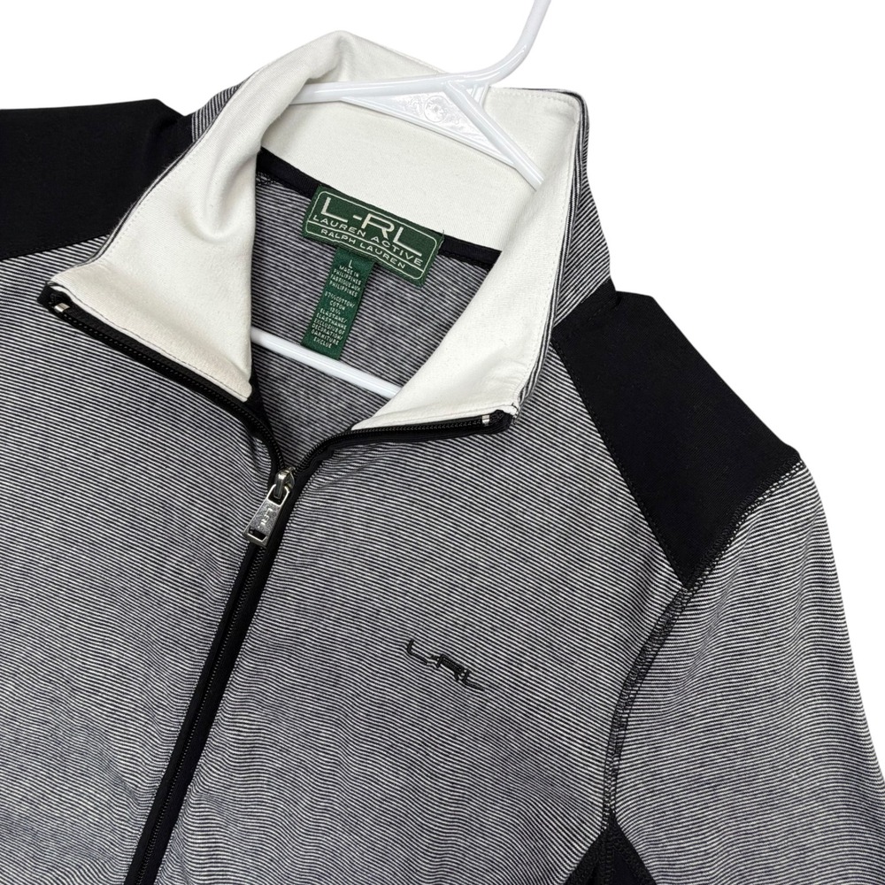 Lauren Ralph Lauren Active Jacket Women L Black White Striped Full Zip Mock Neck